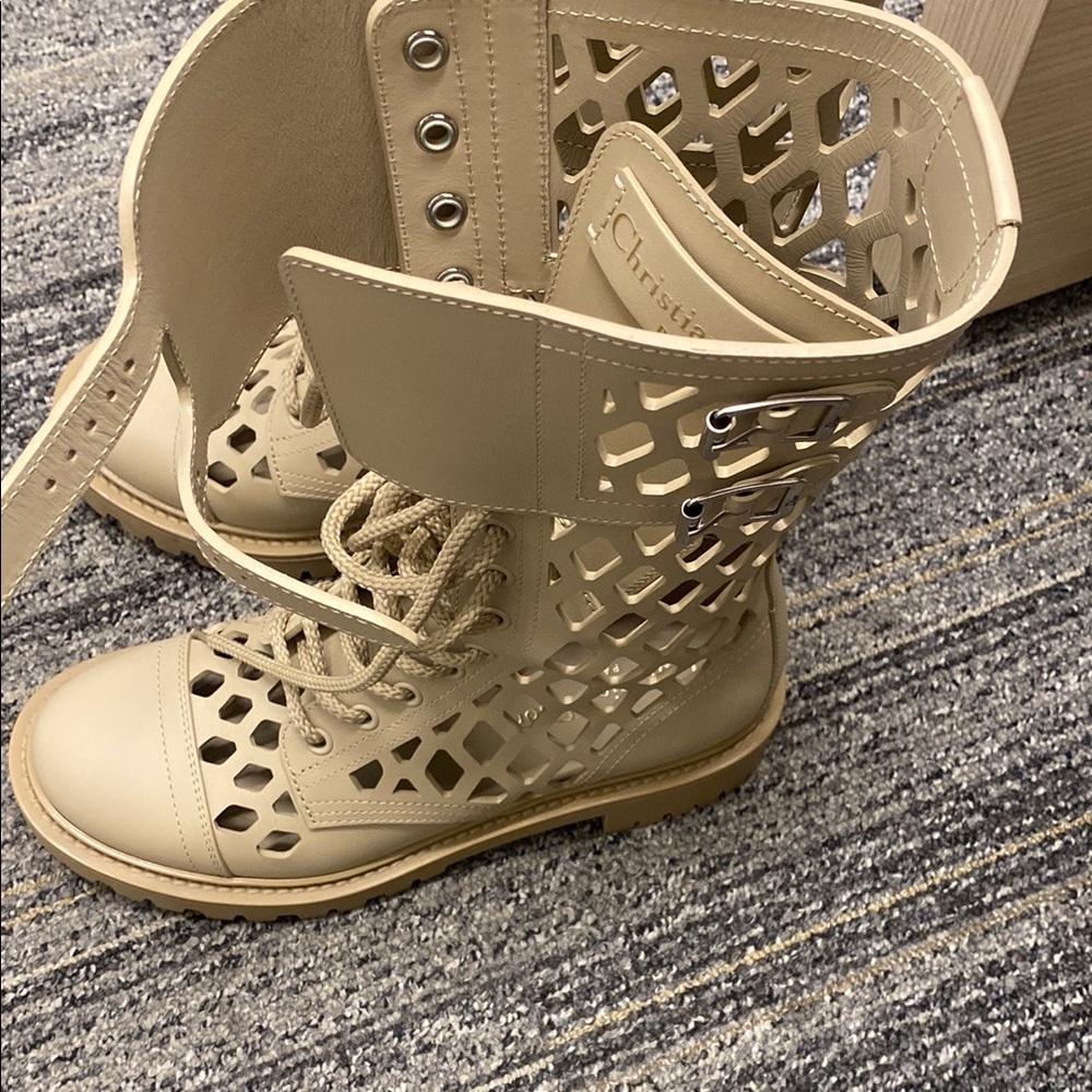 Dior Cream Lace Up Boots with Perforated Design - Picture 5 of 5
